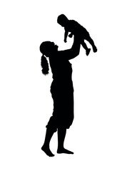 Mother lifting up her baby vector silhouette. Mom have fun playing with little son silhouette.
