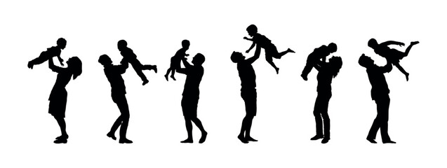 Group of parents lifting up child set silhouette. Father and mother have fun lifting kids up in the air silhouette.