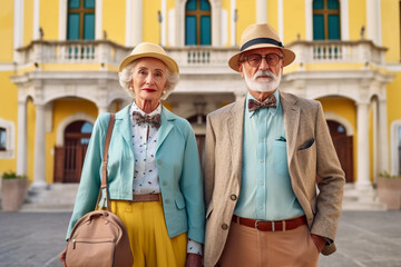 stylish pair of elderly gray-haired tourists with a bag on the street of an old European city, movie style, created with Generative AI Technology - obrazy, fototapety, plakaty