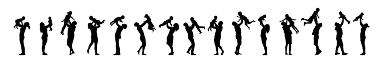 Group of parents father and mother have fun lifting their baby kids up in the air silhouette set collection.