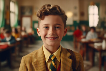 Fototapeta premium A cinematic portrait of a smiling little boy in a jacket in front of a school classroom, created with Generative AI Technology