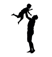 Fototapeta na wymiar Father lifting his little son flat vector silhouette.