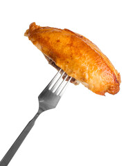 Fried chicken breast on the fork. Isolated object on a transparent background. Element for design