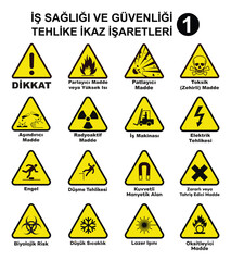 Occupational Health and Safety Hazard Warning Signs Vector Set 1. Translate: Is Sagligi ve Guvenligi Tehlike Ikaz Isaretleri Vektör Set 1 (Turkce). 