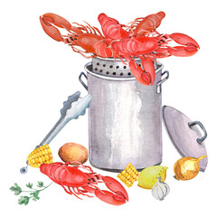 Seafood Crawfish Boil, Louisiana clipart, Shrimps, Fish, Beer, Squid Kitchen  Illustration, printable poster.  Isolated element on a white background. Hand painted in watercolor.