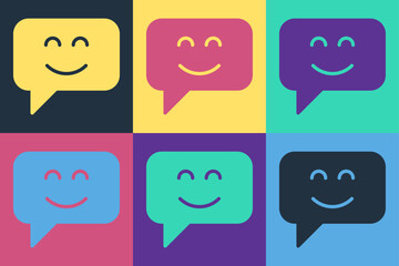Pop art Smile face icon isolated on color background. Smiling emoticon. Happy smiley chat symbol. Vector