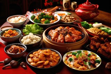 Chinese new year festival table over red background. Traditional lunar new year food. AI Generated - obrazy, fototapety, plakaty