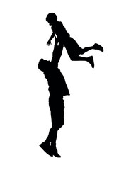 Fototapeta na wymiar Man lifting his son up high in the air black silhouette.
