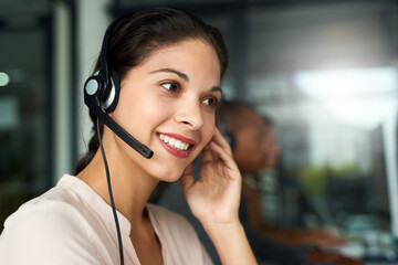 Call center, woman and consultant with contact us, crm and customer service job with smile. Phone help, sale and web advice employee with happiness from telemarketing and work in office mockup