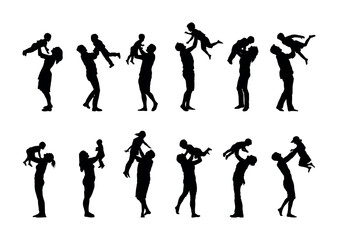 Set silhouettes of group of parents playing and lifting up baby child and kid vector collection.