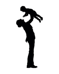 Mother lifting toddler son into air above head silhouette.