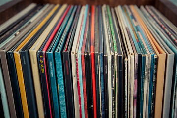 Stack of old vinyl records on a dark background. Selective focus. Toned. - 603673325