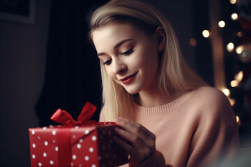 portrait of beautiful white woman with Christmas holiday gift at home, dramatic fairy lights, created with Generative AI Technology