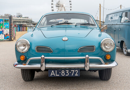 Scheveningen, The Netherlands, 14.05.2023, Front view of retro Volkswagen 1500 Karmann Ghia coupe from 1968 at The Aircooled classic car show