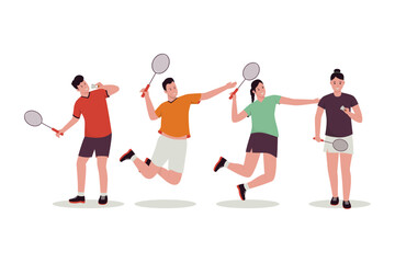 Fototapeta na wymiar Badminton player vector illustration set. Illustration for website, landing page, mobile app, poster and banner. Trendy flat vector illustration