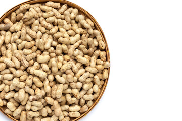 Raw peanuts on white background.