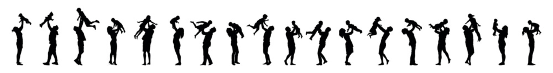 Group of father and mother have fun lifting their babies toddlers kids up in the air silhouette set collection.