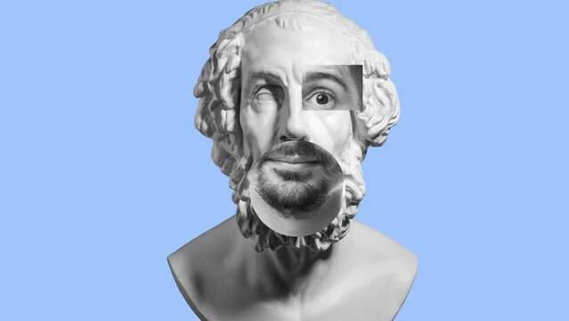Stop motion, animation. Antique statue bust with male eye and mouth element. Modern design. Contemporary colorful art. Concept of art, creativity, emotions, humor, fun. Copy space for text