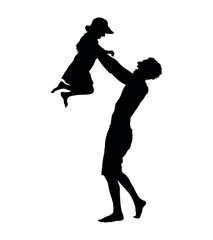 Happy young father playful holding and liftting his daughter silhouette on white background.