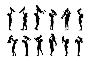 Group of parents playing and lifting up child silhouette set. Father and mother have fun lifting their baby kids up in the air silhouette set collection.