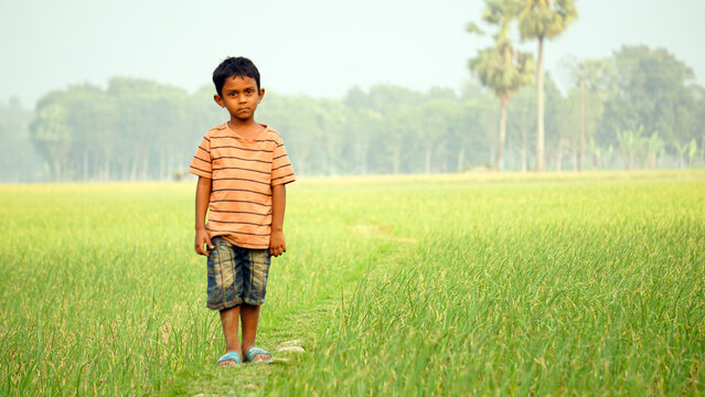 Bangladesh is the country of green. A child is playing in the green field. The child is enjoying mixing with nature.