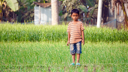 Bangladesh is the country of green. A child is playing in the green field. The child is enjoying mixing with nature.