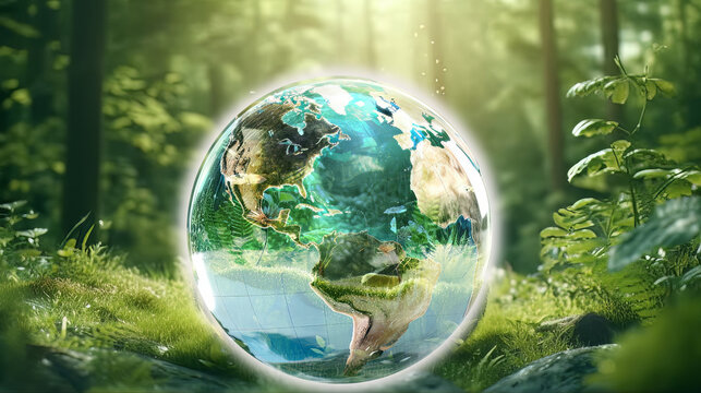 Earth globe in a green forest. Ai generated image