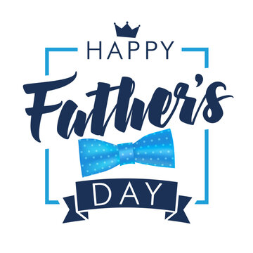 Happy Fathers day lettering banner with blue realistic bow. Concept for Father's Day with handwritten typography and 3D bow tie. Vector illustration