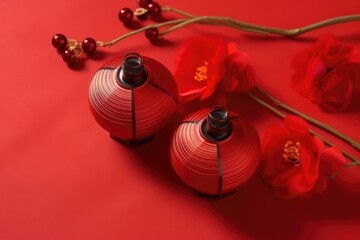 two red chinese traditional lanterns on red background, AI Generated