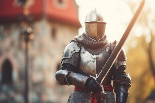 A medieval European knight in armor and with sword in front of the castle, created with Generative AI Technology