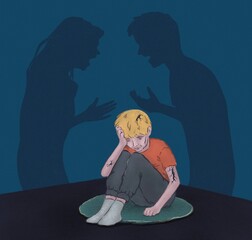 Family fighting concept, kid boy crying sitting on the floor over fighting of parent - 603675109
