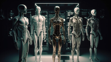 the robots are standing in front of an image of people, in the style of detailed anatomy, futuristic elements, concept of robot replace human, generative AI
