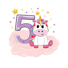 Vector illustration. 5 birthday party invitation with cute unicorn. Happy birthday 5 year old.