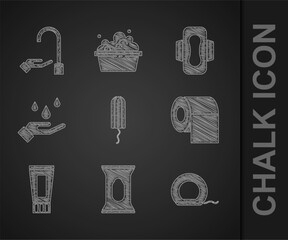 Set Sanitary tampon, Wet wipe pack, Dental floss, Toilet paper roll, Tube of toothpaste, Washing hands with soap, napkin and icon. Vector