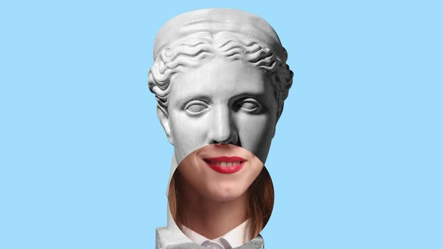 Stop motion, animation. Antique statue bust with female mouth eating gum over blue background. Contemporary colorful art. Concept of art, creativity, emotions, humor, fun. Copy space for text