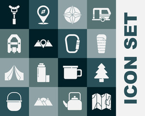 Set Location of the forest on map, Forest, Sleeping bag, Wind rose, mountains, Rafting boat, Sausage fork and Carabiner icon. Vector