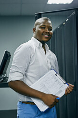 Server room, happy black man or portrait of technician with online cyber security glitch in data...