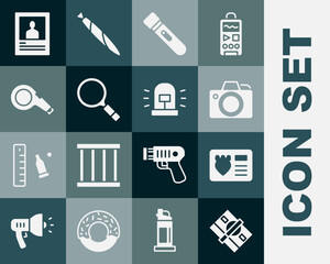 Set Stacks paper money cash, Police badge with id case, Photo camera, Flashlight, Magnifying glass search, Whistle, Wanted poster and Flasher siren icon. Vector