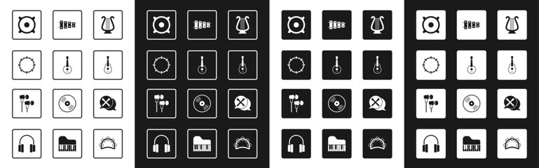 Set Ancient lyre, Banjo, Tambourine, Stereo speaker, Guitar, Xylophone, Drum sticks and Air headphones icon. Vector
