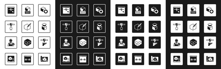 Set Isometric cube, 3d pen tool, 3D printer tooth, setting, Layers, services, gun and Graphic designer icon. Vector