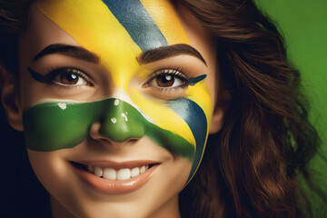 A woman with her face painted in the colors of the brazilian flag