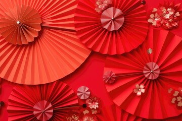 Chinese New Year. Decor pattern fan on red background. Red paper fans .Lunar New Year banner template. Lunar New Year,chinese banner. AI Generated