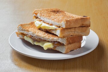 Kaya toast butter. Traditional oriental and vintage kopitiam breakfast style. Popular in Malaysian and Singaporean.