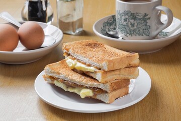 Kaya toast butter. Traditional oriental and vintage kopitiam breakfast style. Popular in Malaysian...