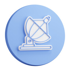 3D button rendering of radio telescope for exploring universe and space. Astronomic observations of stars. Realistic blue white PNG illustration isolated on transparent background