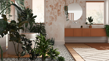 Biophilia interior design, wooden bathroom in white and orange tones with many houseplants. Freestanding bathtub and washbasin. Urban jungle concept idea