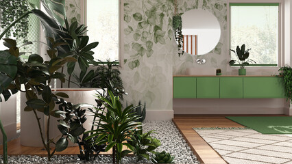 Biophilia interior design, wooden bathroom in white and green tones with many houseplants. Freestanding bathtub and washbasin. Urban jungle concept idea