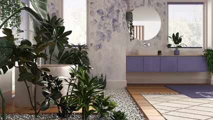 Biophilia interior design, wooden bathroom in white and purple tones with many houseplants. Freestanding bathtub and washbasin. Urban jungle concept idea