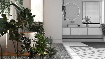 Architect interior designer concept: hand-drawn draft unfinished project that becomes real, biophilia interior design, wooden bathroom with many houseplants. Urban jungle style