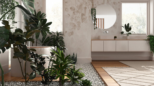 Biophilia interior design, wooden bathroom in white and beige tones with many houseplants. Freestanding bathtub and washbasin. Urban jungle concept idea